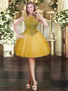 Scoop Cap Sleeves Tulle Prom Dresses Beading and Ruffles Zipper