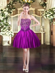 Delicate Ball Gowns Prom Dress Purple Strapless Satin Sleeveless Mini Length Lace Up