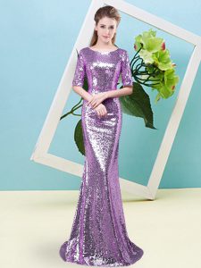 Glittering Floor Length Lavender Homecoming Dress Sequined Half Sleeves Sequins