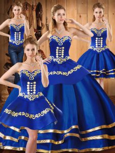 Charming Sleeveless Floor Length Embroidery Lace Up Ball Gown Prom Dress with Blue