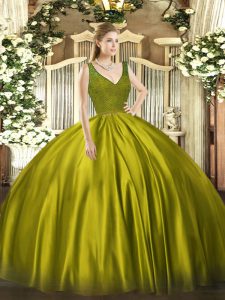 Sexy V-neck Sleeveless Quinceanera Gown Floor Length Beading Olive Green Taffeta