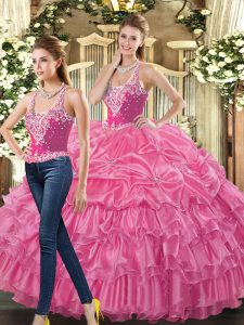 Clearance Hot Pink Straps Lace Up Beading and Ruffles and Pick Ups 15th Birthday Dress Sleeveless