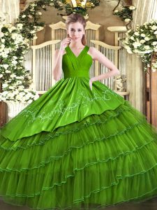 Enchanting Olive Green 15 Quinceanera Dress Military Ball and Sweet 16 and Quinceanera with Embroidery and Ruffled Layers V-neck Sleeveless Zipper