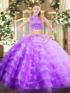 Nice Sleeveless Tulle Floor Length Backless Quinceanera Dress in Lavender with Beading and Ruffled Layers