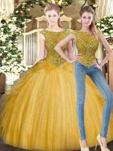 Customized Gold Ball Gowns Scoop Sleeveless Tulle Floor Length Zipper Beading and Ruffles Quince Ball Gowns