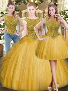 Ball Gowns Sweet 16 Dresses Gold Scoop Tulle Sleeveless Floor Length Zipper
