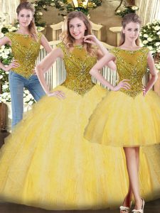 Romantic Gold Sleeveless Beading and Ruffles Floor Length Quinceanera Dresses