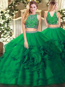 Custom Design Dark Green Sleeveless Tulle Zipper Ball Gown Prom Dress for Military Ball and Sweet 16 and Quinceanera