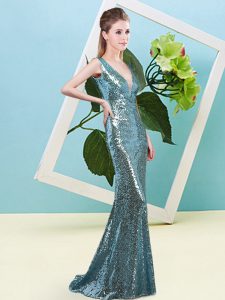 Dazzling Teal Sleeveless Sequined Zipper Prom Evening Gown for Prom and Party
