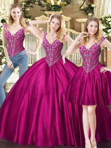 Fashion Fuchsia Three Pieces V-neck Sleeveless Tulle Floor Length Lace Up Beading Quinceanera Gowns