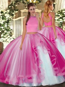 Inexpensive Hot Pink Two Pieces Halter Top Sleeveless Tulle Floor Length Backless Beading and Ruffles 15th Birthday Dress