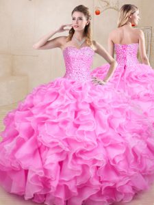 Custom Fit Rose Pink Ball Gowns Sweetheart Sleeveless Organza Floor Length Lace Up Beading and Ruffles Sweet 16 Dresses