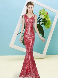 Luxury Red Zipper Asymmetric Sequins Prom Evening Gown Sequined Sleeveless