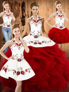Embroidery and Ruffles Sweet 16 Dress Wine Red Lace Up Sleeveless Floor Length