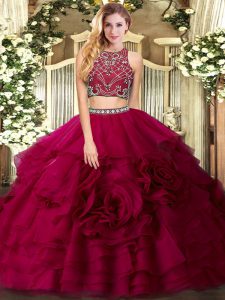 Deluxe Fuchsia Two Pieces Beading and Ruffled Layers Quinceanera Dresses Zipper Tulle Sleeveless Floor Length