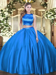 Blue Two Pieces Tulle High-neck Sleeveless Ruching Floor Length Criss Cross 15th Birthday Dress