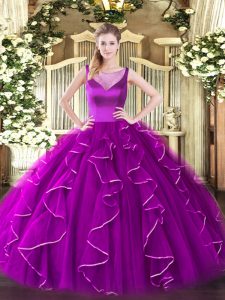Fuchsia Quince Ball Gowns Sweet 16 and Quinceanera with Beading and Ruffles Scoop Sleeveless Side Zipper