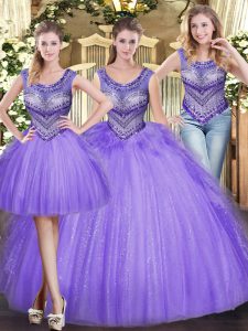 Trendy Floor Length Lavender Quinceanera Gown Scoop Sleeveless Lace Up