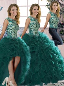Peacock Green Lace Up Quince Ball Gowns Beading and Ruffles Sleeveless Floor Length