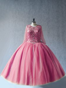 Pink Ball Gowns Scoop Long Sleeves Tulle Floor Length Lace Up Beading Quinceanera Dresses