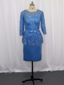 Blue Satin Zipper Prom Gown Long Sleeves Mini Length Lace and Appliques
