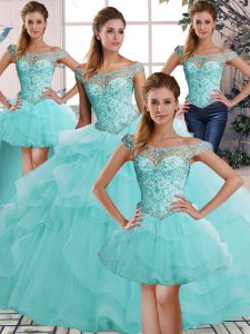 Designer Sleeveless Floor Length Beading and Ruffles Lace Up 15th Birthday Dress with Aqua Blue