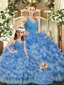 Captivating V-neck Sleeveless Backless Quinceanera Gowns Blue Organza