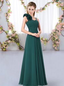 Delicate Peacock Green Chiffon Lace Up Straps Sleeveless Floor Length Court Dresses for Sweet 16 Hand Made Flower