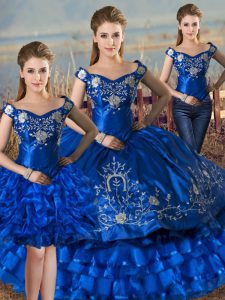 Modern Floor Length Royal Blue 15th Birthday Dress Satin and Organza Sleeveless Embroidery and Ruffled Layers