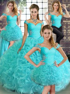 Stunning Aqua Blue Ball Gowns Beading Sweet 16 Dress Lace Up Fabric With Rolling Flowers Sleeveless Floor Length