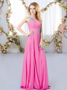 Fashionable Rose Pink Sleeveless Beading Floor Length Dama Dress