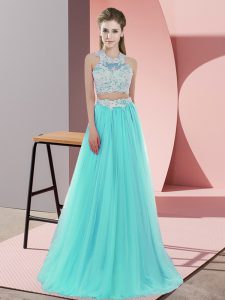 Beauteous Lace Court Dresses for Sweet 16 Aqua Blue Zipper Sleeveless Floor Length