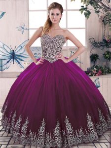 Deluxe Fuchsia Tulle Lace Up Sweetheart Sleeveless Floor Length Quinceanera Dresses Beading and Embroidery