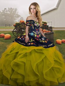 Off The Shoulder Sleeveless Sweet 16 Quinceanera Dress Floor Length Embroidery and Ruffles Olive Green Tulle