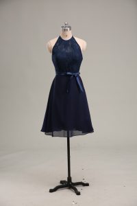 Lace and Appliques Evening Dress Navy Blue Backless Sleeveless Mini Length