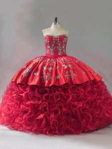 Cheap Red Sweet 16 Quinceanera Dress Sweet 16 and Quinceanera with Embroidery Sweetheart Sleeveless Brush Train Lace Up