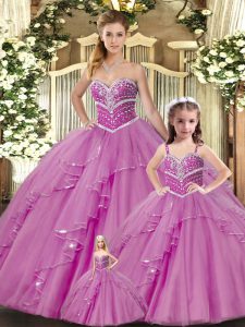 Lilac Sleeveless Floor Length Beading Lace Up Quinceanera Gown