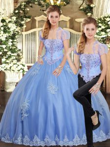 Strapless Sleeveless Lace Up Quince Ball Gowns Light Blue Tulle