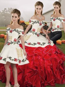 Perfect White And Red Off The Shoulder Neckline Embroidery and Ruffles 15th Birthday Dress Sleeveless Lace Up