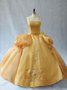 Floor Length Lace Up Quinceanera Gown Gold for Sweet 16 and Quinceanera with Appliques