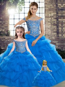 Blue Off The Shoulder Neckline Beading and Pick Ups Quinceanera Gowns Sleeveless Lace Up