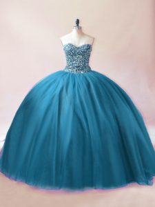 Elegant Floor Length Teal Ball Gown Prom Dress Tulle Sleeveless Beading