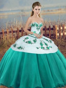 Hot Selling Turquoise Ball Gowns Embroidery and Bowknot Quinceanera Gown Lace Up Tulle Sleeveless Floor Length
