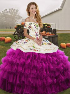 Fuchsia Lace Up Off The Shoulder Embroidery and Ruffled Layers Quinceanera Gowns Organza Sleeveless