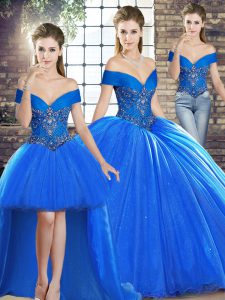 Sleeveless Beading Lace Up Quinceanera Dresses with Royal Blue Brush Train