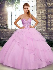Lilac Ball Gowns Beading and Ruffled Layers Sweet 16 Dress Lace Up Tulle Sleeveless