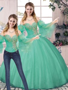 Beauteous Floor Length Lace Up Quinceanera Dresses Turquoise for Sweet 16 and Quinceanera with Beading