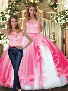 Fine Lace and Ruffles Quinceanera Gowns Hot Pink Clasp Handle Sleeveless Floor Length