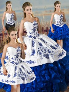 Dazzling Blue And White Ball Gowns Sweetheart Sleeveless Satin and Organza Floor Length Lace Up Embroidery and Ruffles Quince Ball Gowns