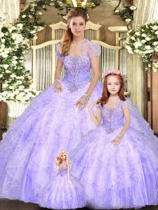 Superior Strapless Sleeveless 15 Quinceanera Dress Floor Length Beading and Appliques and Ruffles Lavender Tulle